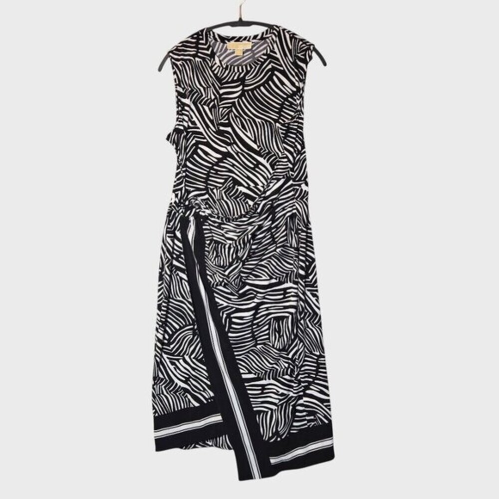 Michael Kors Zebra Print Faux Wrap‎ Midi Dress Petite XL Black White Artsy NWT